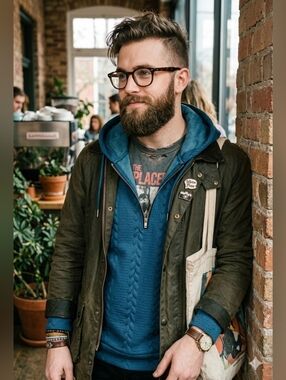 Men's Blue Textured Hoodie with Half-Zip